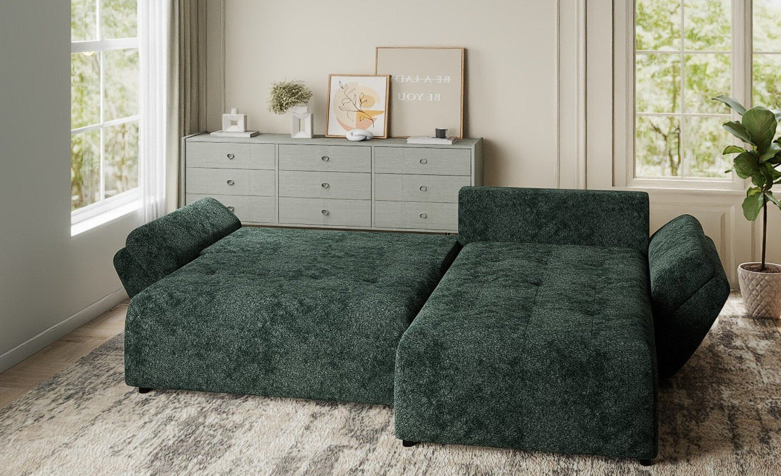 Colțar extensibil dumonde cu ladă de depozitare si sezut confortabil din spuma HR, Berlin Euphoria Verde 280x185 cm II