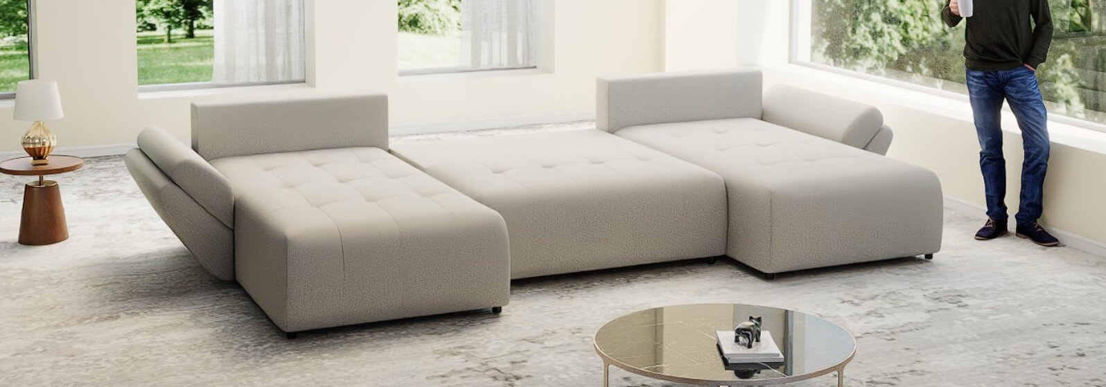 Colțar extensibil dumonde cu ladă de depozitare si sezut confortabil din spuma HR, Berlin U Enjoy Bej 380x180 cm