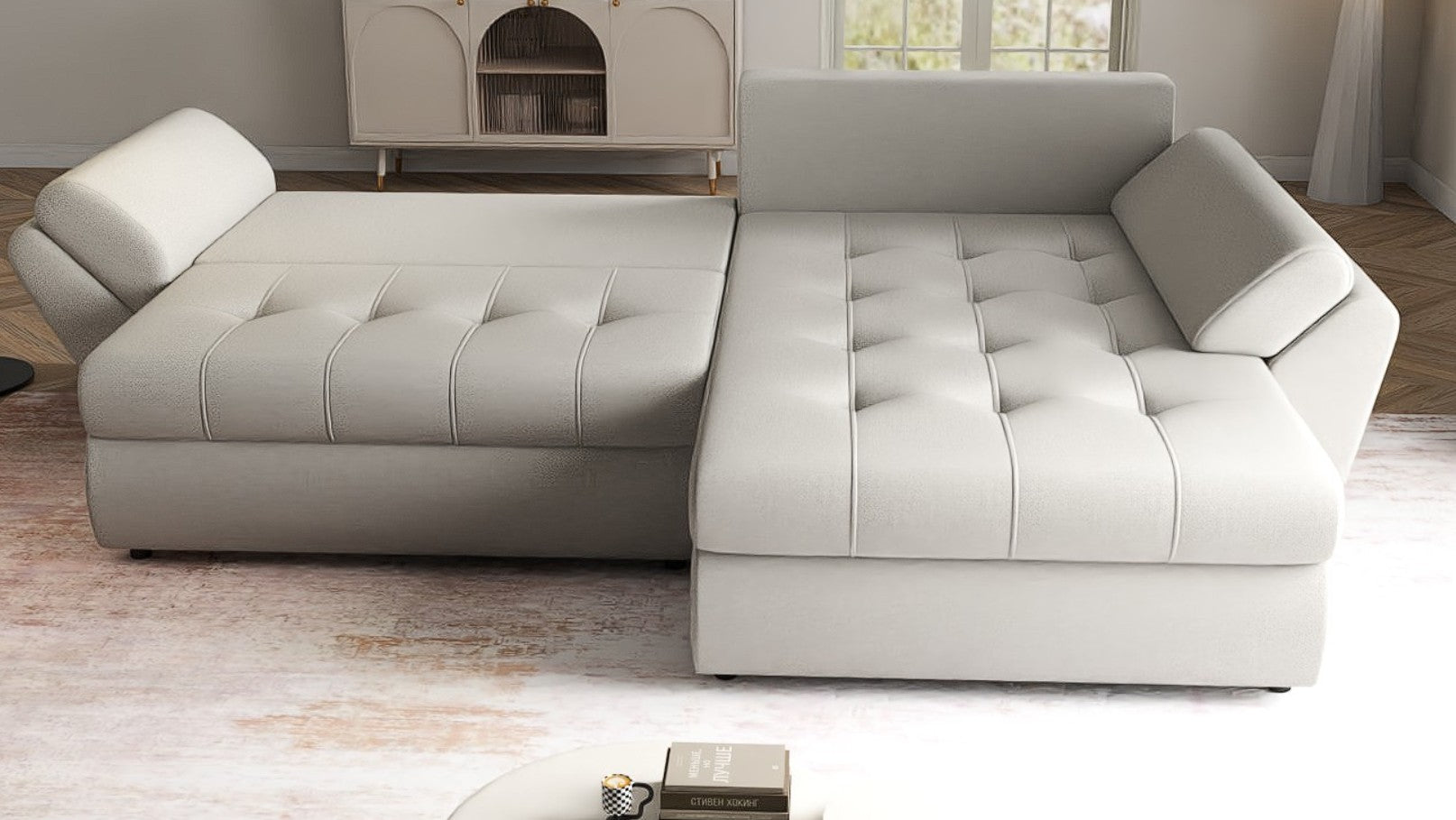 Colțar extensibil dumonde cu ladă de depozitare si sezut confortabil din spuma HR, Loana Bej II 270x185 cm Fabrica