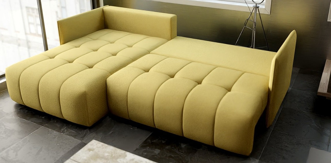 Colțar extensibil dumonde cu ladă de depozitare si sezut confortabil din spuma HR, Malta Galben 235x185 cm Fabrica