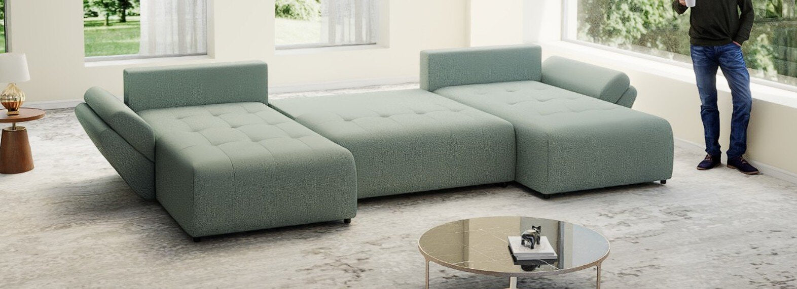Colțar extensibil dumonde cu ladă de depozitare si sezut confortabil din spuma HR, Berlin U Enjoy Mint 380x180 cm