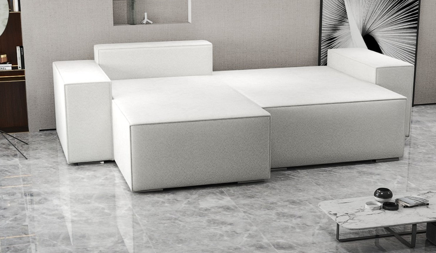 Colțar extensibil dumonde cu ladă de depozitare si sezut confortabil din spuma HR, Dream Euphoria Ivory 290x185 cm Fabrica