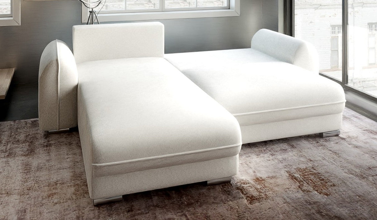 Colțar extensibil dumonde cu ladă de depozitare si sezut confortabil din spuma HR, Denver Euphoria Alb 275x185 cm Fabrica