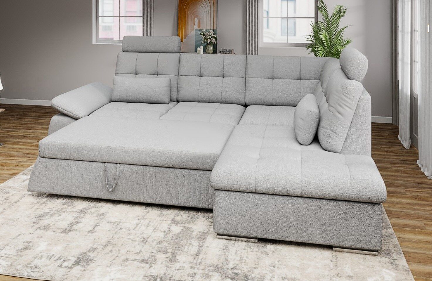 Colțar extensibil dumonde cu ladă de depozitare și șezut confortabil din spumă HR, Merkur XL Enjoy Gri 256x217 cm II