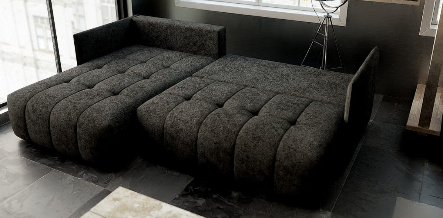 Colțar extensibil dumonde cu ladă de depozitare si sezut confortabil din spuma HR, Malta Black 235x185 cm Fabrica