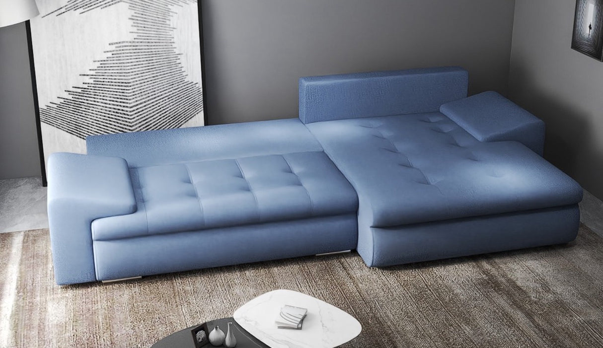 Colțar extensibil dumonde cu ladă de depozitare si sezut confortabil din spuma HR, Leonardo Enjoy Albastru 255x193 cm II