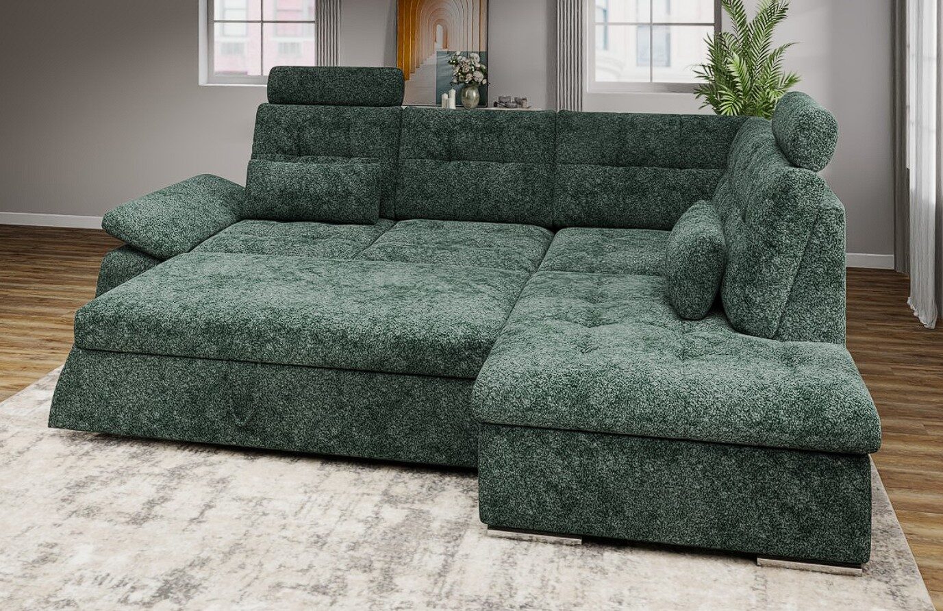 Colțar extensibil dumonde cu ladă de depozitare și șezut confortabil din spumă HR, Merkur XL Euphoria Verde 256x217 cm II