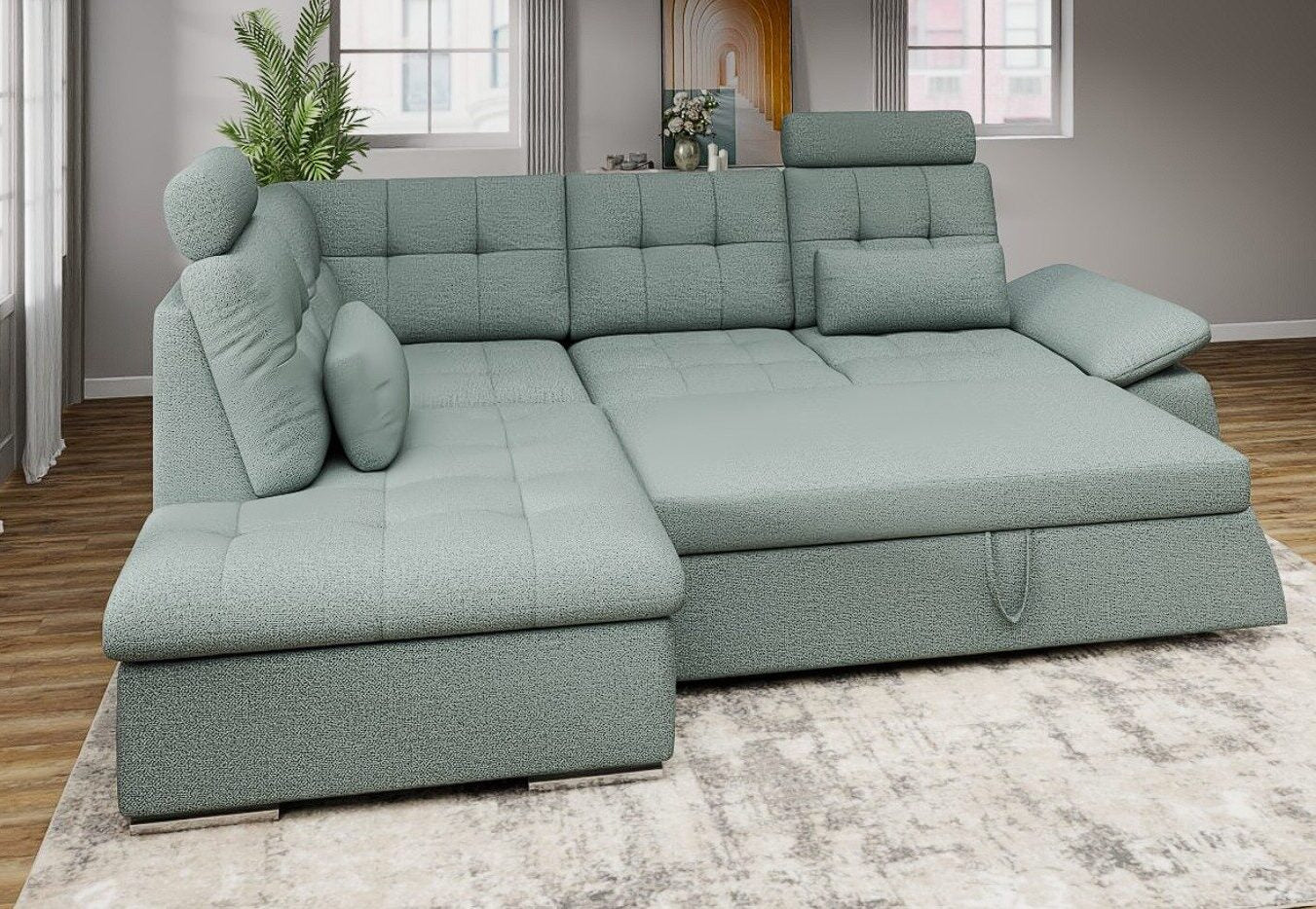 Colțar extensibil dumonde cu ladă de depozitare și șezut confortabil din spumă HR, Merkur XL Enjoy Verde Mint 256x217 cm