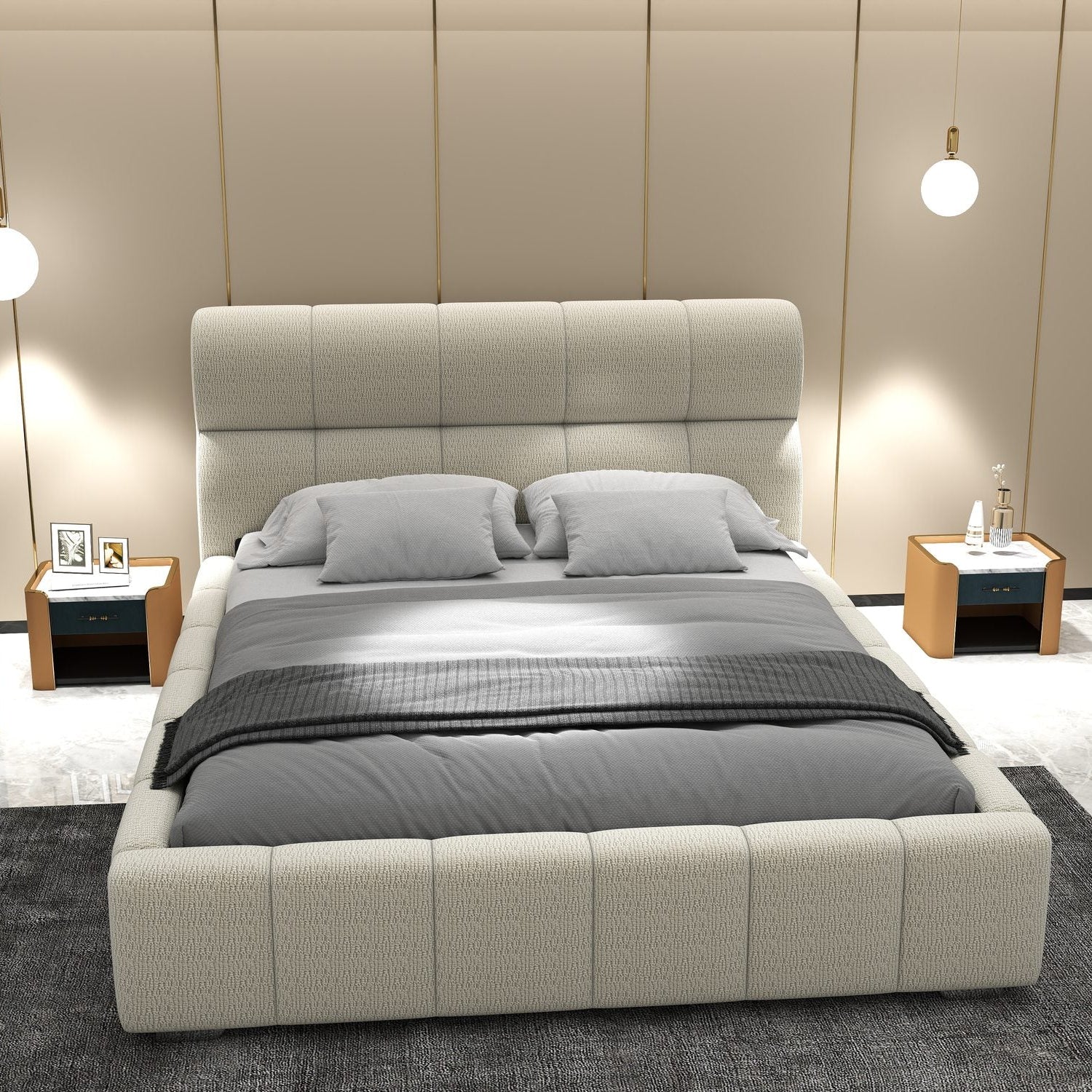 Pat dormitor dumonde, tapitat bej, Elaris 160x200 cm, somiera rabatabila inclusa, spatiu depozitare