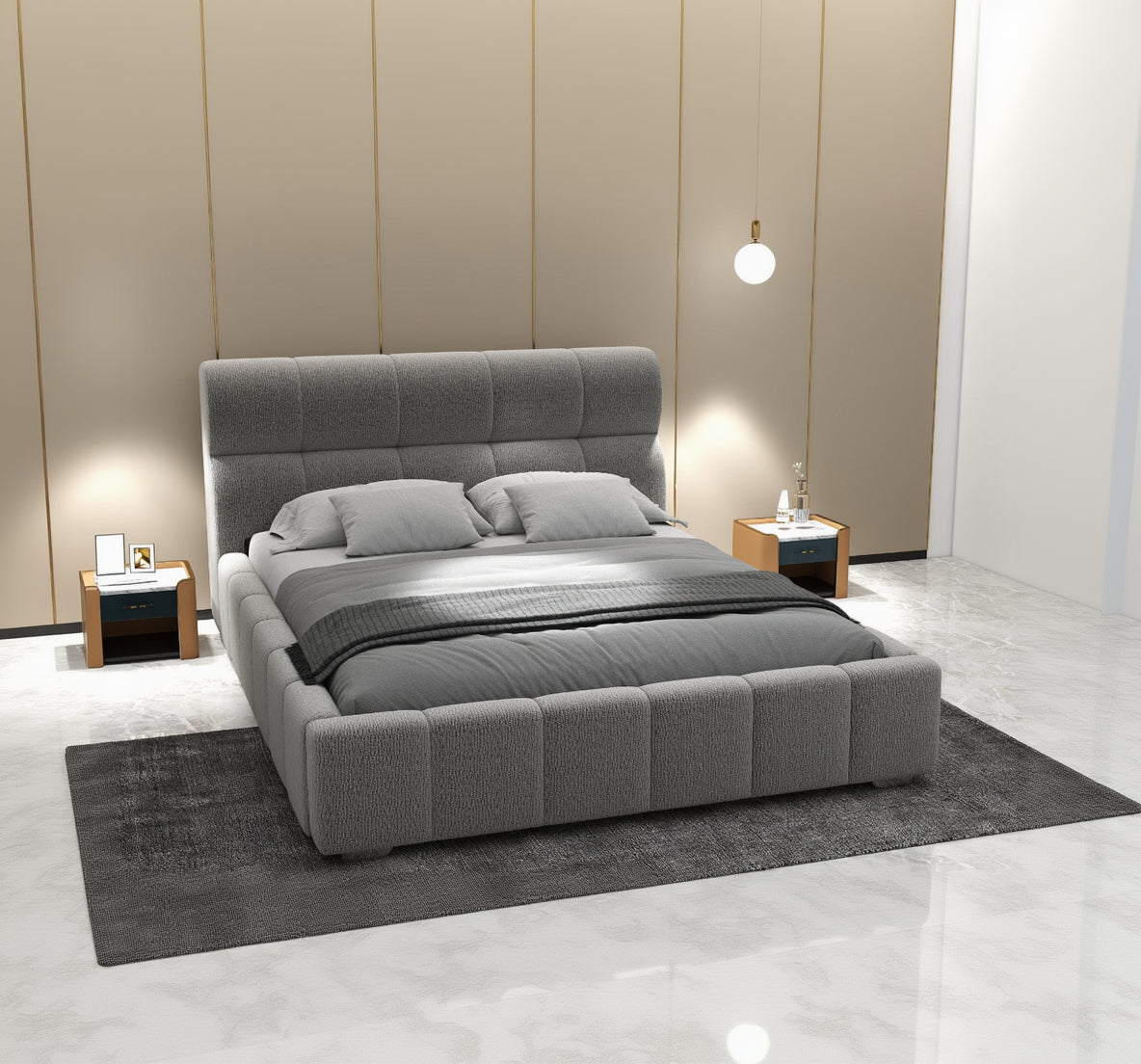 Pat dormitor dumonde, tapitat gri, Elaris 160x200 cm, somiera rabatabila inclusa, spatiu depozitare