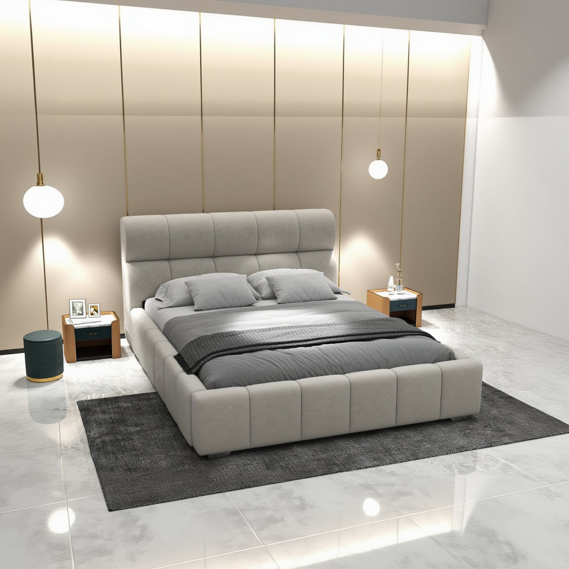 Pat dormitor dumonde, tapitat bej, Elaris 160x200 cm, somiera rabatabila inclusa, spatiu depozitare