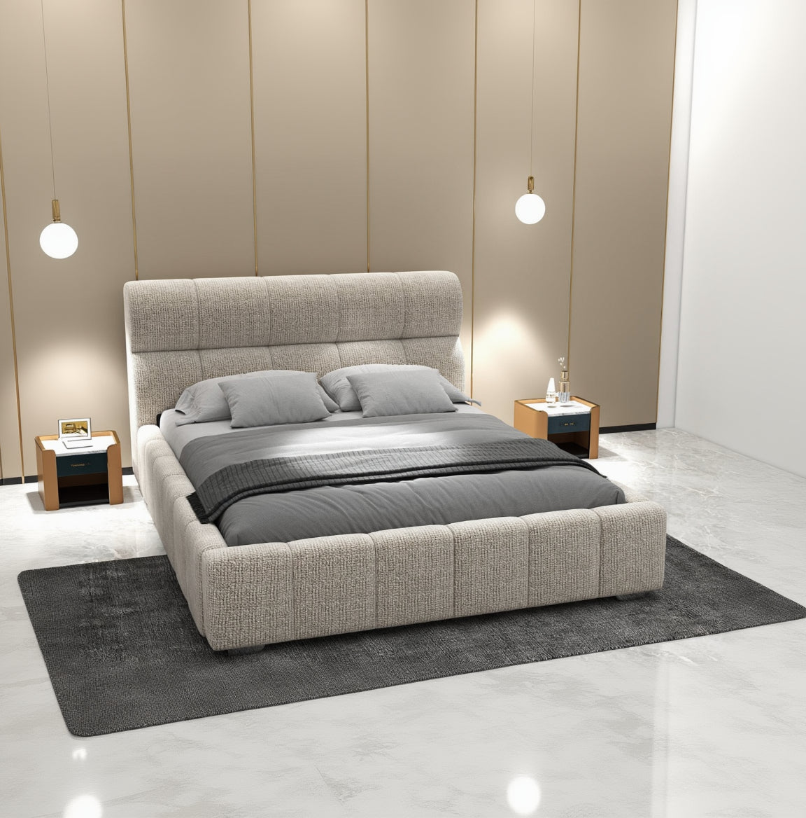 Pat dormitor dumonde, tapitat bej, Elaris 160x200 cm, somiera rabatabila inclusa, spatiu depozitare