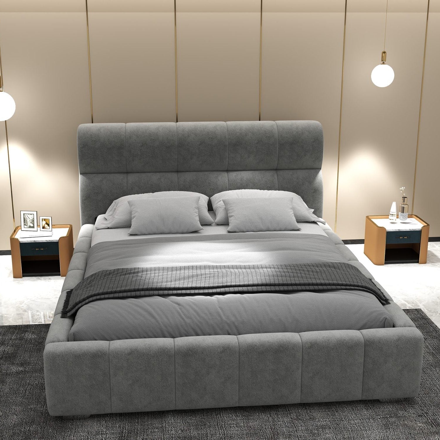 Pat dormitor dumonde, tapitat gri, Elaris 180x200 cm, somiera rabatabila inclusa, spatiu depozitare