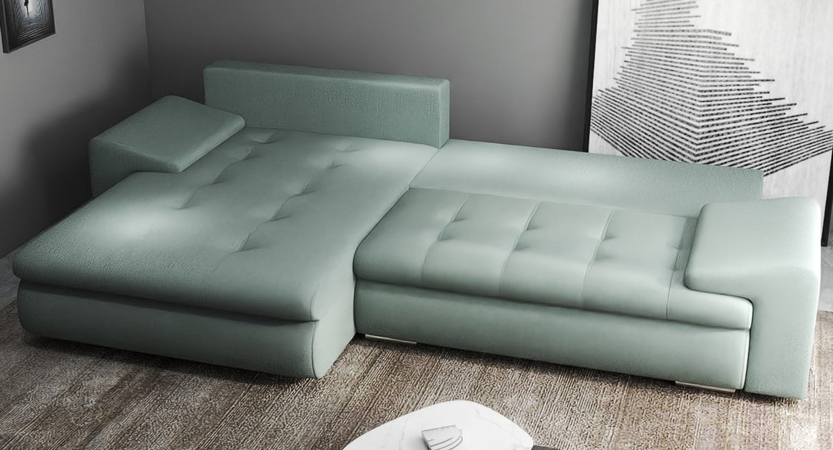 Colțar extensibil dumonde cu ladă de depozitare si sezut confortabil din spuma HR, Leonardo Enjoy Verde Mint 255x193 cm