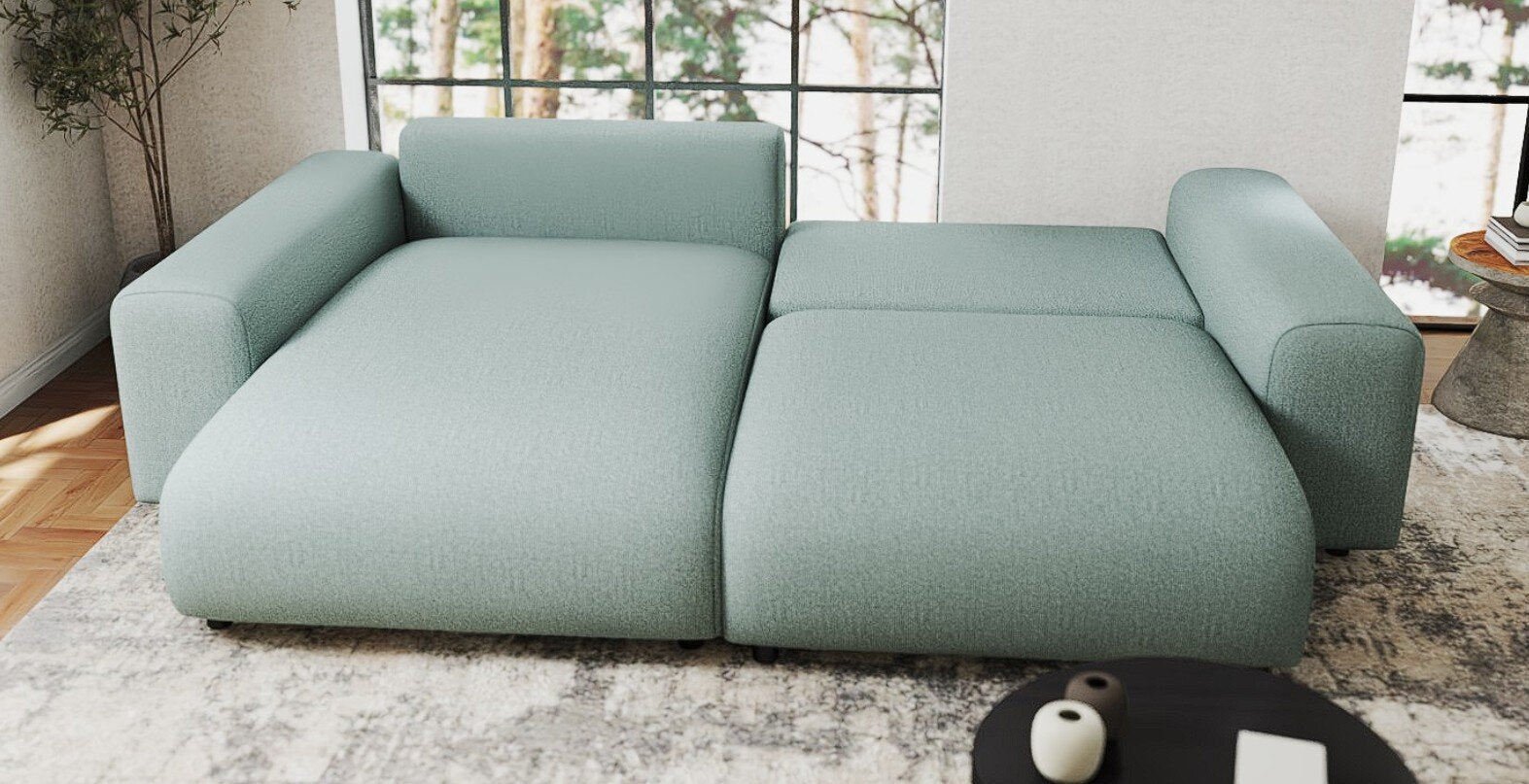 Colțar extensibil dumonde cu ladă de depozitare si sezut confortabil din spuma HR, Sarina Enjoy Verde Mint 255x168 cm