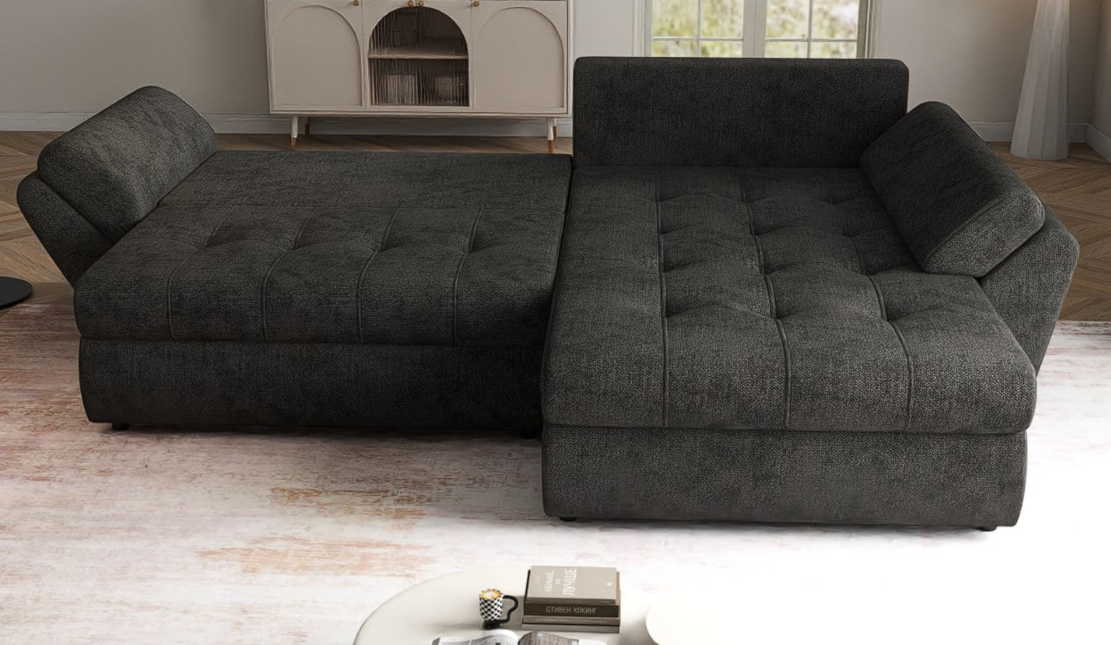 Colțar extensibil dumonde cu ladă de depozitare si sezut confortabil din spuma HR, Loana Negru 270x185 cm Fabrica