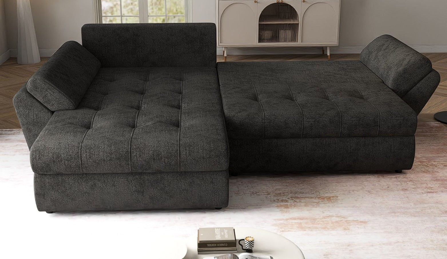 Colțar extensibil dumonde cu ladă de depozitare si sezut confortabil din spuma HR, Loana Negru II 270x185 cm Fabrica