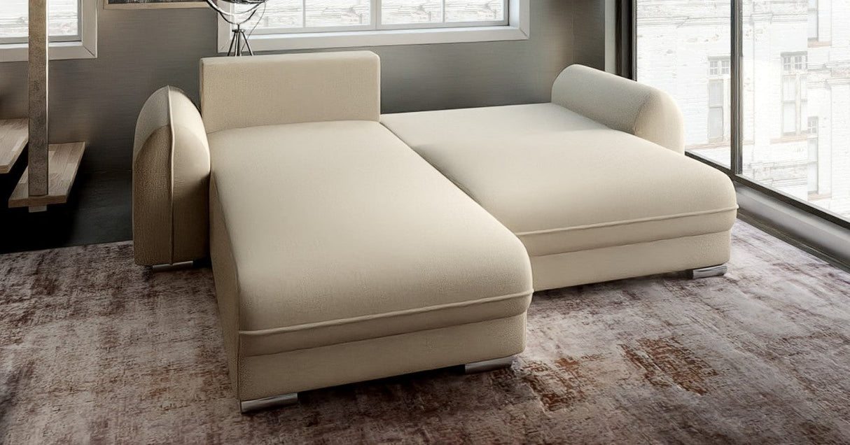 Colțar extensibil dumonde cu ladă de depozitare si sezut confortabil din spuma HR, Denver Enjoy Beige 275x185 cm Fabrica
