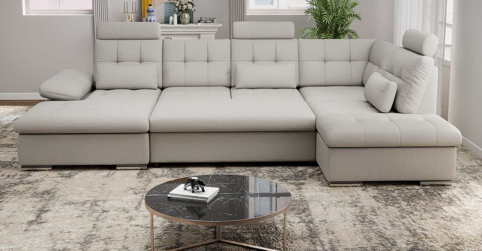 Colțar extensibil dumonde cu ladă de depozitare și șezut confortabil din spumă HR, Merkur U Enjoy Bej 324x218 cm