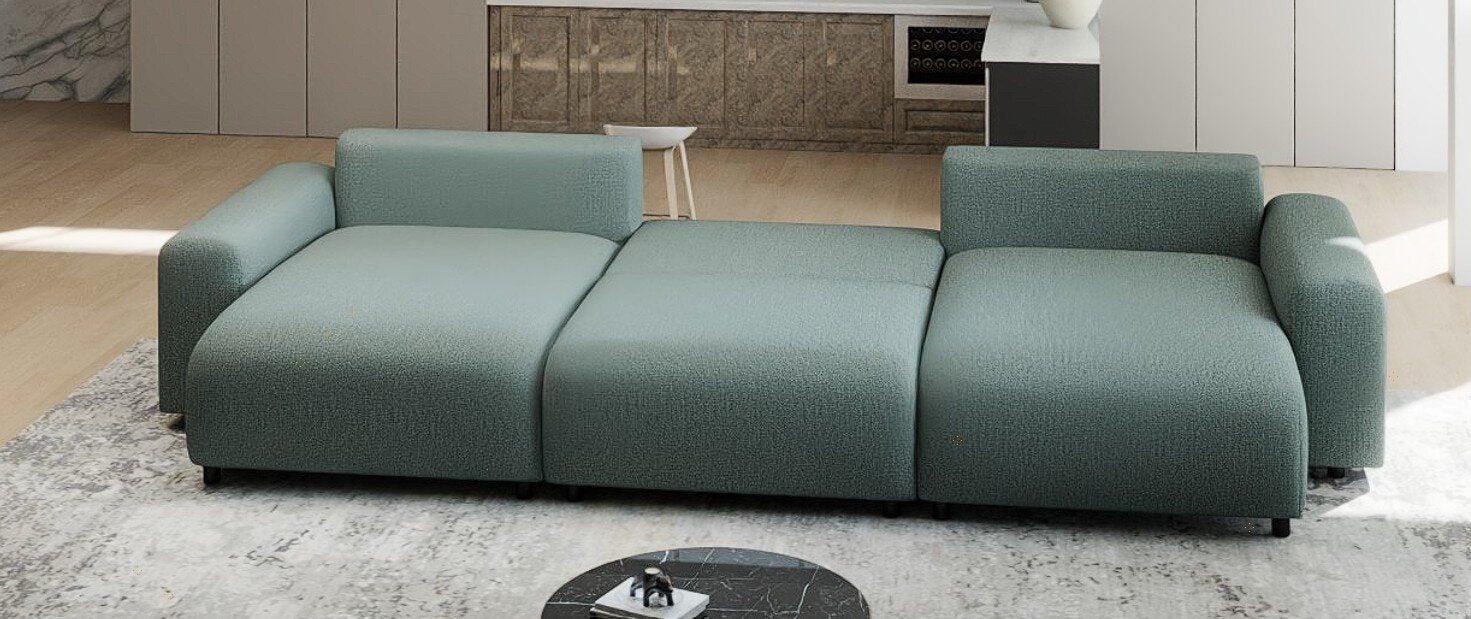 Colțar extensibil dumonde cu ladă de depozitare si sezut confortabil din spuma HR, Luma U Enjoy Verde Mint 336x140 cm