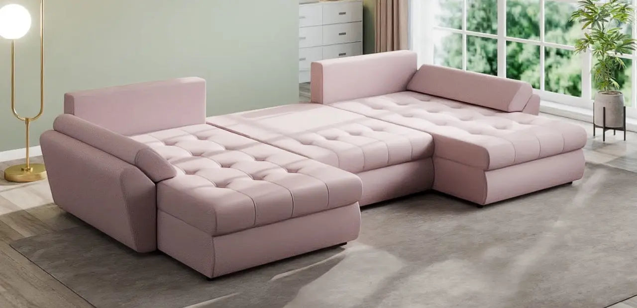 Colțar extensibil dumonde cu ladă de depozitare si sezut confortabil din spuma HR, Loana U Enjoy Flamingo 355x185 cm Fabrica