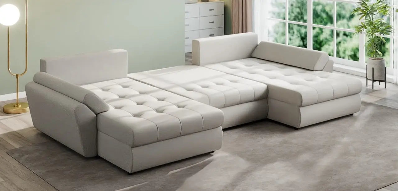 Colțar extensibil dumonde cu ladă de depozitare si sezut confortabil din spuma HR, Loana U Enjoy Bej 355x185 cm Fabrica