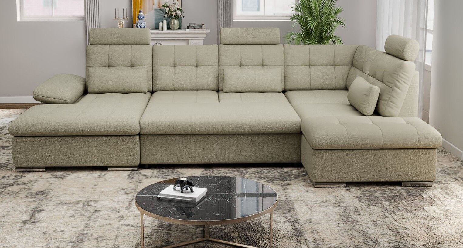 Colțar extensibil dumonde cu ladă de depozitare și șezut confortabil din spumă HR, Merkur U Enjoy Bej 324x218 cm