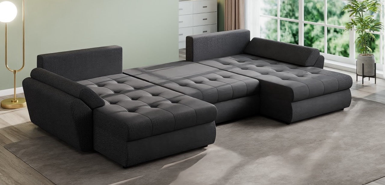 Colțar extensibil dumonde cu ladă de depozitare si sezut confortabil din spuma HR, Loana U Enjoy Grafit 355x185 cm