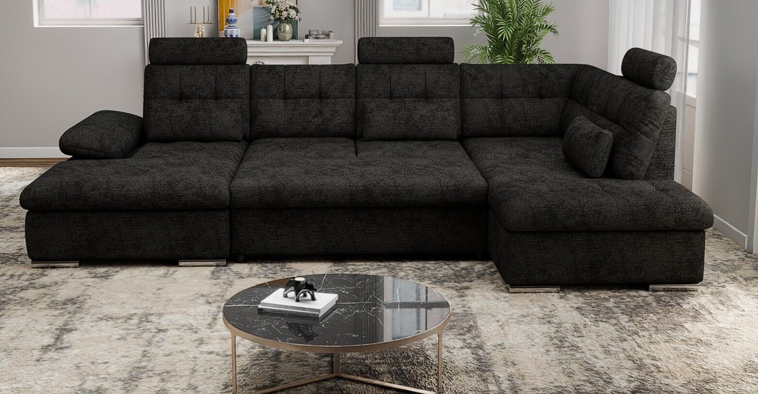 Colțar extensibil dumonde cu ladă de depozitare și șezut confortabil din spumă HR, Merkur U Enjoy Negru 324x218 cm