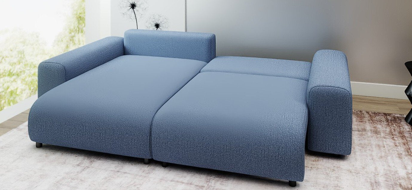 Colțar extensibil dumonde cu ladă de depozitare și șezut confortabil din spumă HR, Luma Enjoy Albastru 255x168 cm