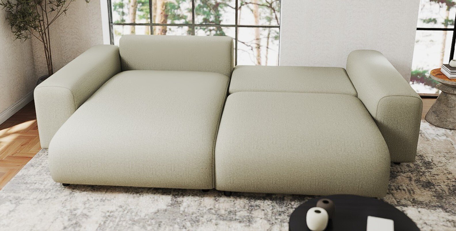 Colțar extensibil dumonde cu ladă de depozitare si sezut confortabil din spuma HR, Sarina Enjoy Bej 255x168 cm