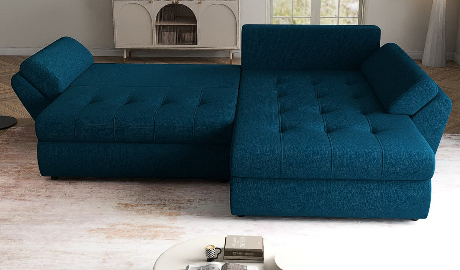 Colțar extensibil dumonde cu ladă de depozitare si sezut confortabil din spuma HR, Loana Petrol Green II 270x185 cm Fabrica