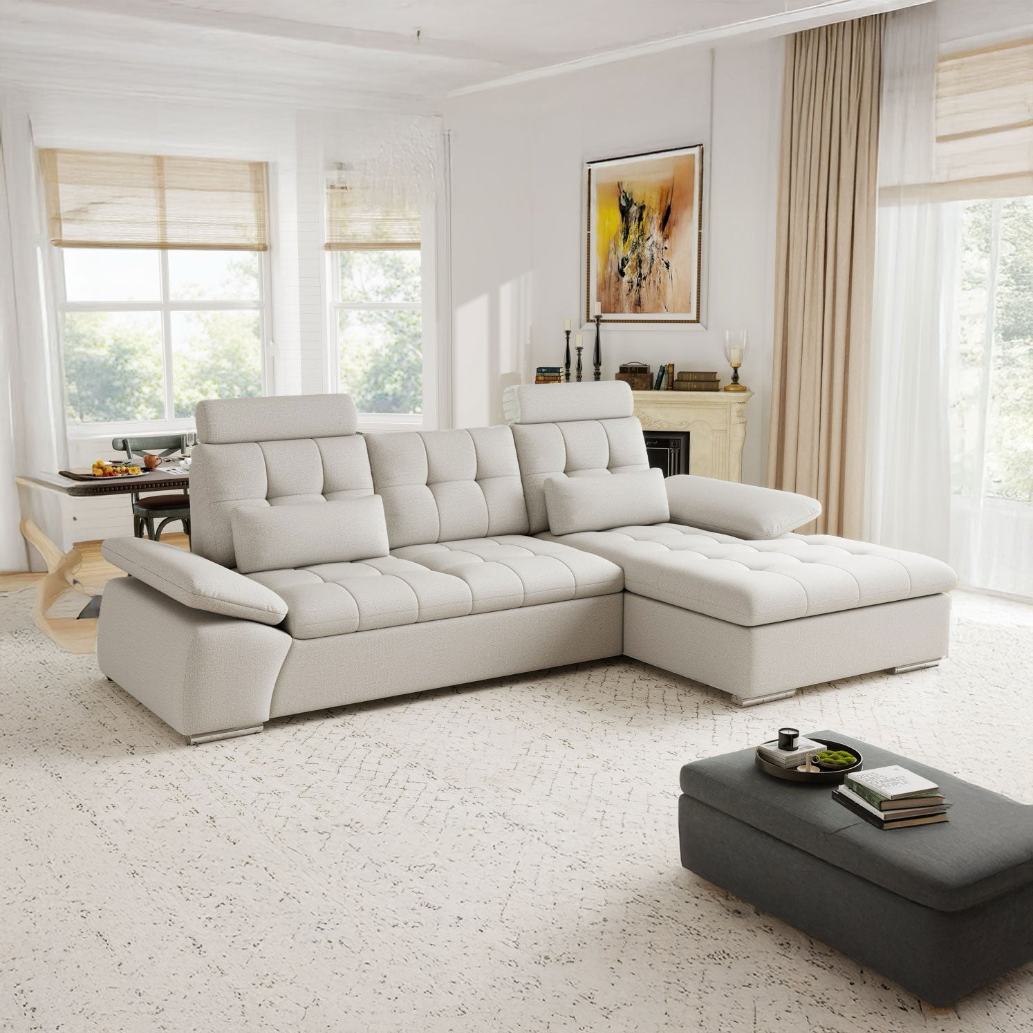 Colțar extensibil dumonde cu ladă de depozitare și șezut confortabil din spumă HR, Merkur Enjoy Bej 270x168 cm II