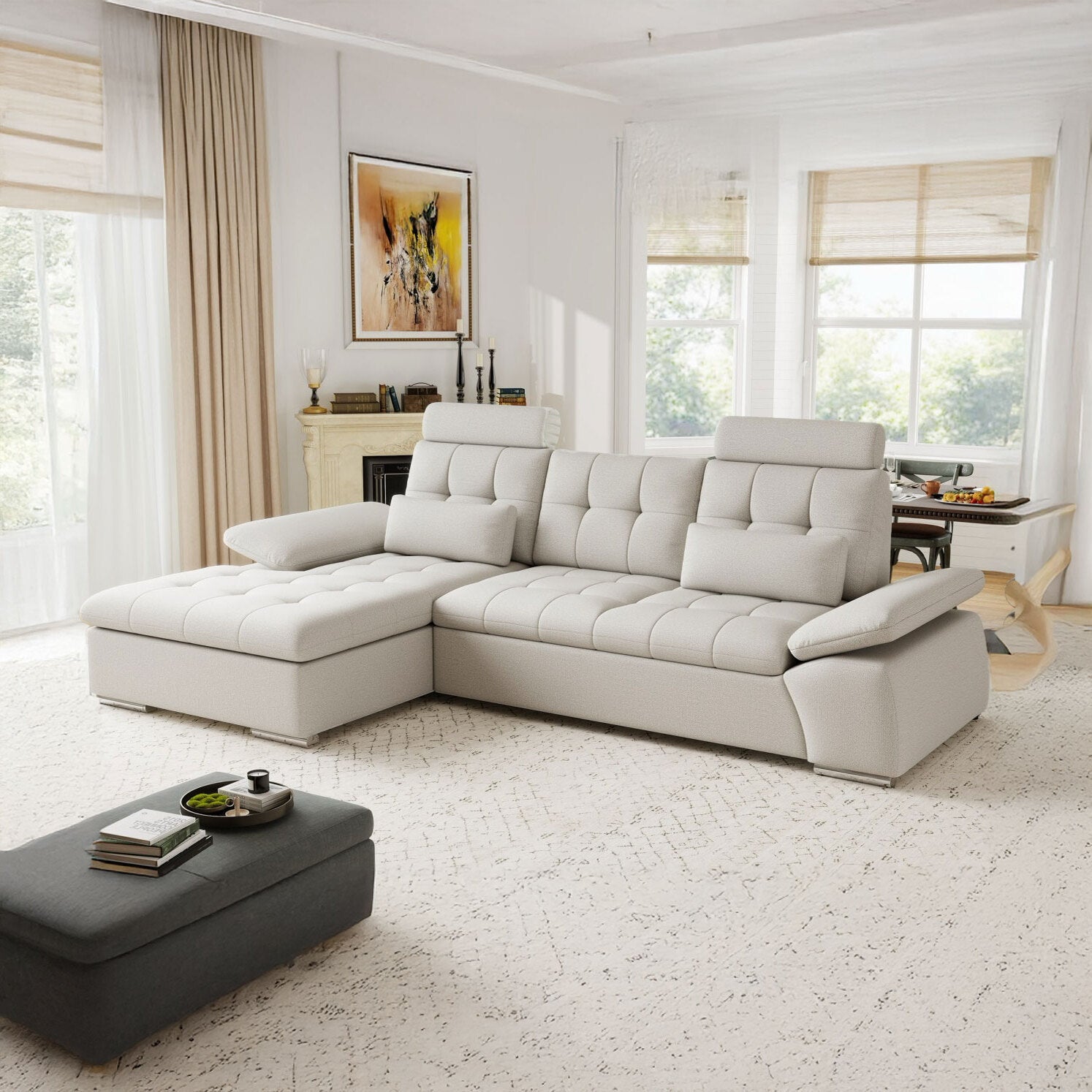 Colțar extensibil dumonde cu ladă de depozitare și șezut confortabil din spumă HR, Merkur Enjoy Bej 270x168 cm