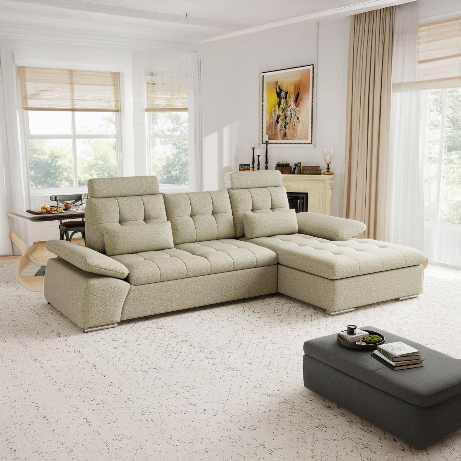 Colțar extensibil dumonde cu ladă de depozitare și șezut confortabil din spumă HR, Merkur Enjoy Bej 270x168 cm II