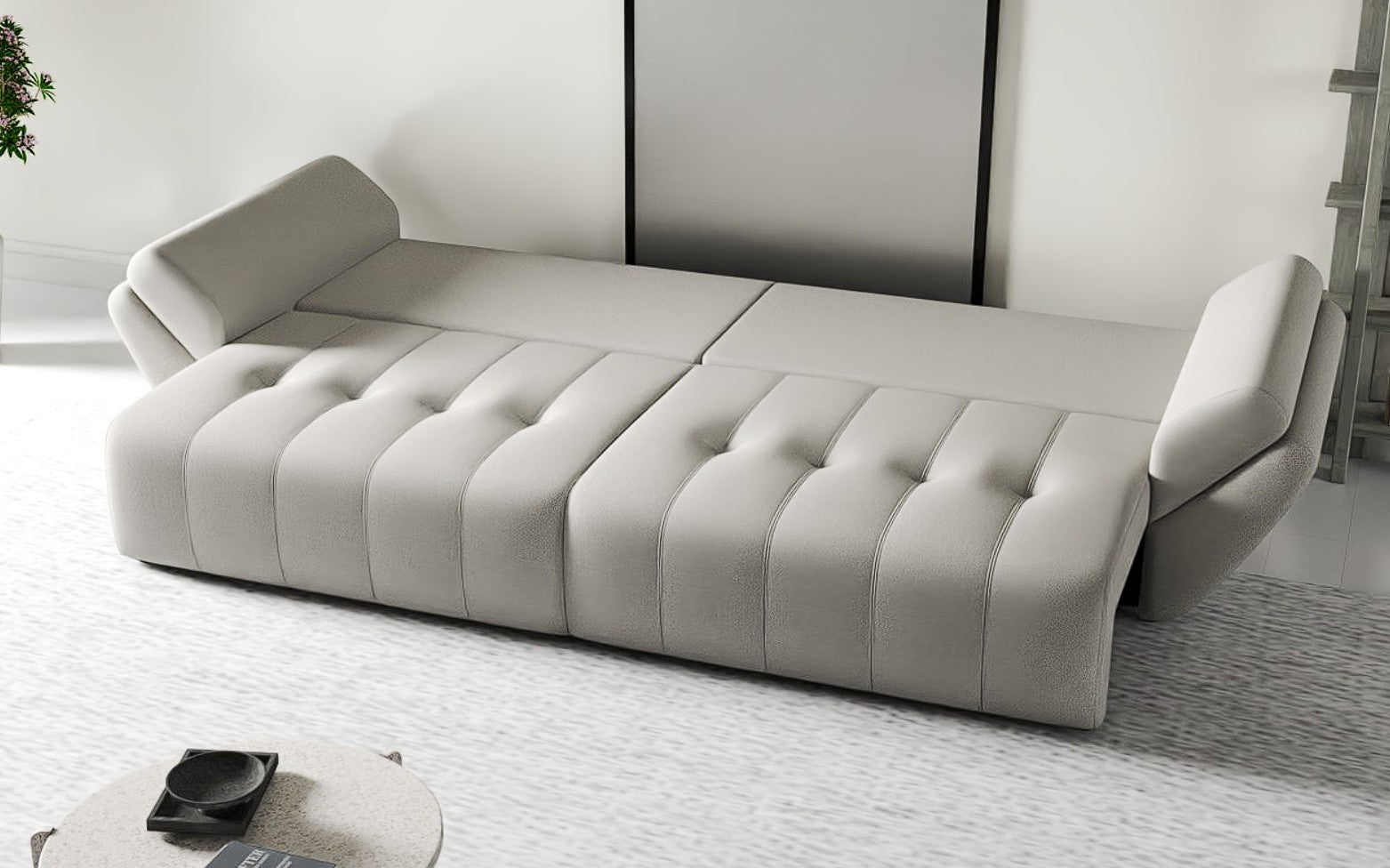 Canapea extensibilă dumonde cu ladă de depozitare si sezut confortabil din spuma HR, Berlin Beige 300x100 cm Fabrica