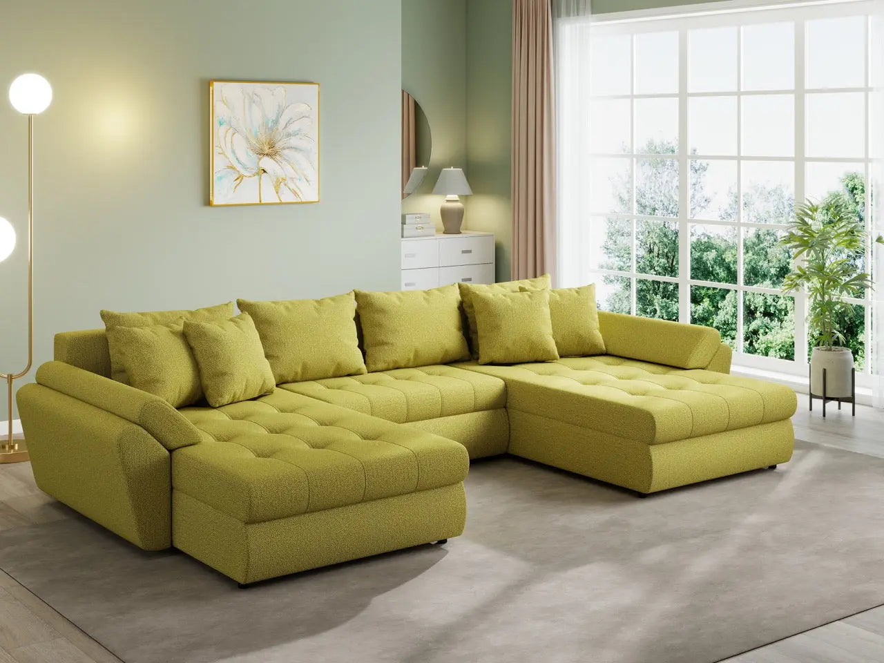 Colțar extensibil dumonde cu ladă de depozitare si sezut confortabil din spuma HR, Loana U Enjoy Green 355x185 cm Fabrica