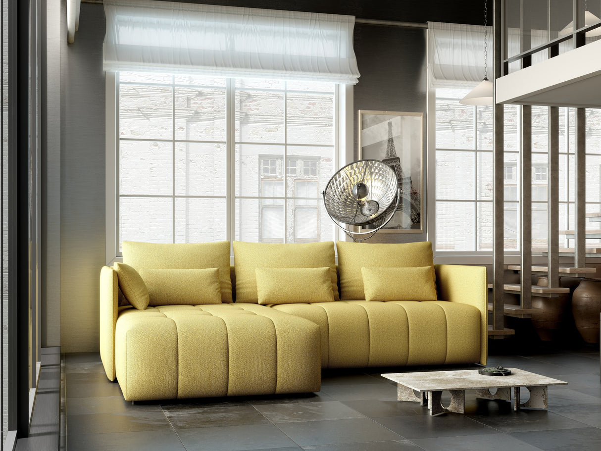 Colțar extensibil dumonde cu ladă de depozitare si sezut confortabil din spuma HR, Malta Galben 235x185 cm Fabrica