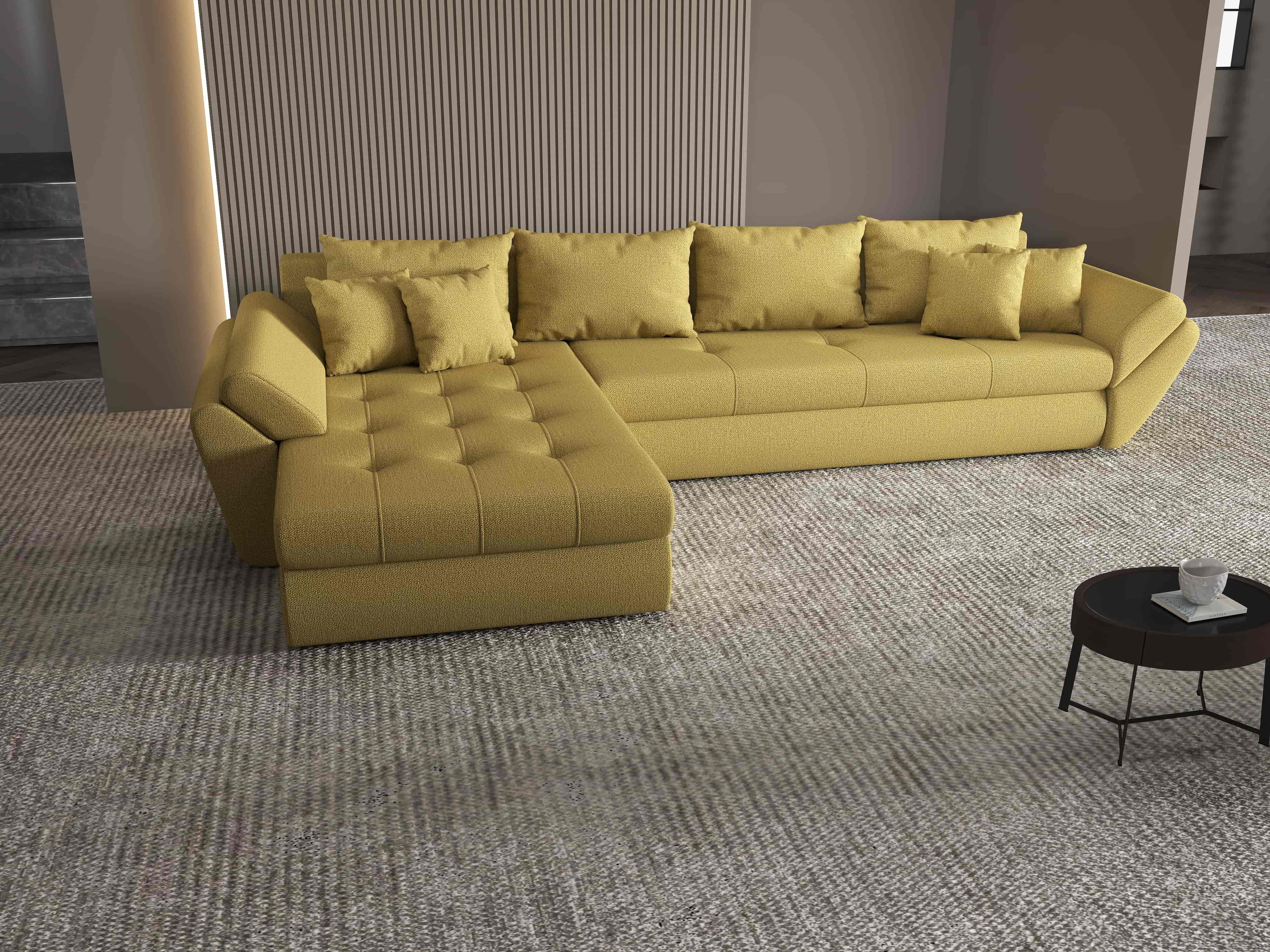 Colțar extensibil dumonde cu ladă de depozitare si sezut confortabil din spuma HR, Loana XL Enjoy Melon 335x185 cm Fabrica