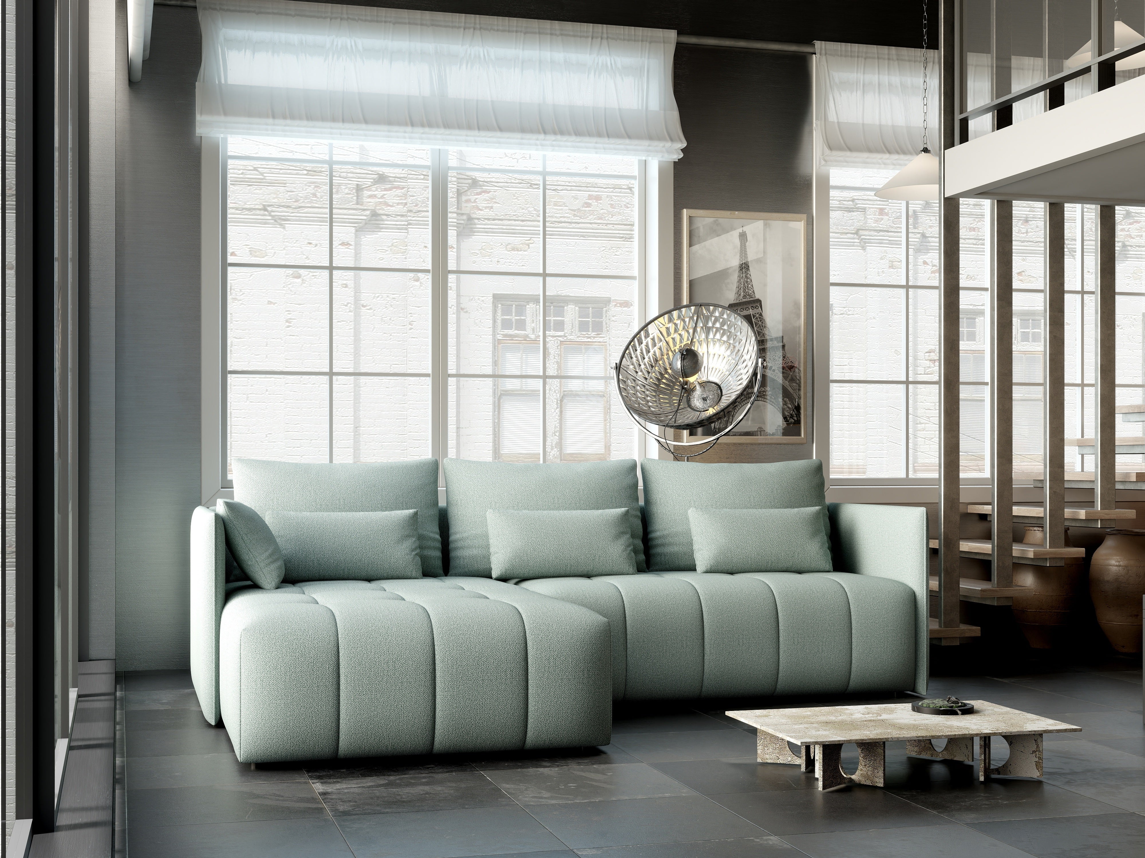 Colțar extensibil dumonde cu ladă de depozitare si sezut confortabil din spuma HR, Malta Mint 235x185 cm Fabrica