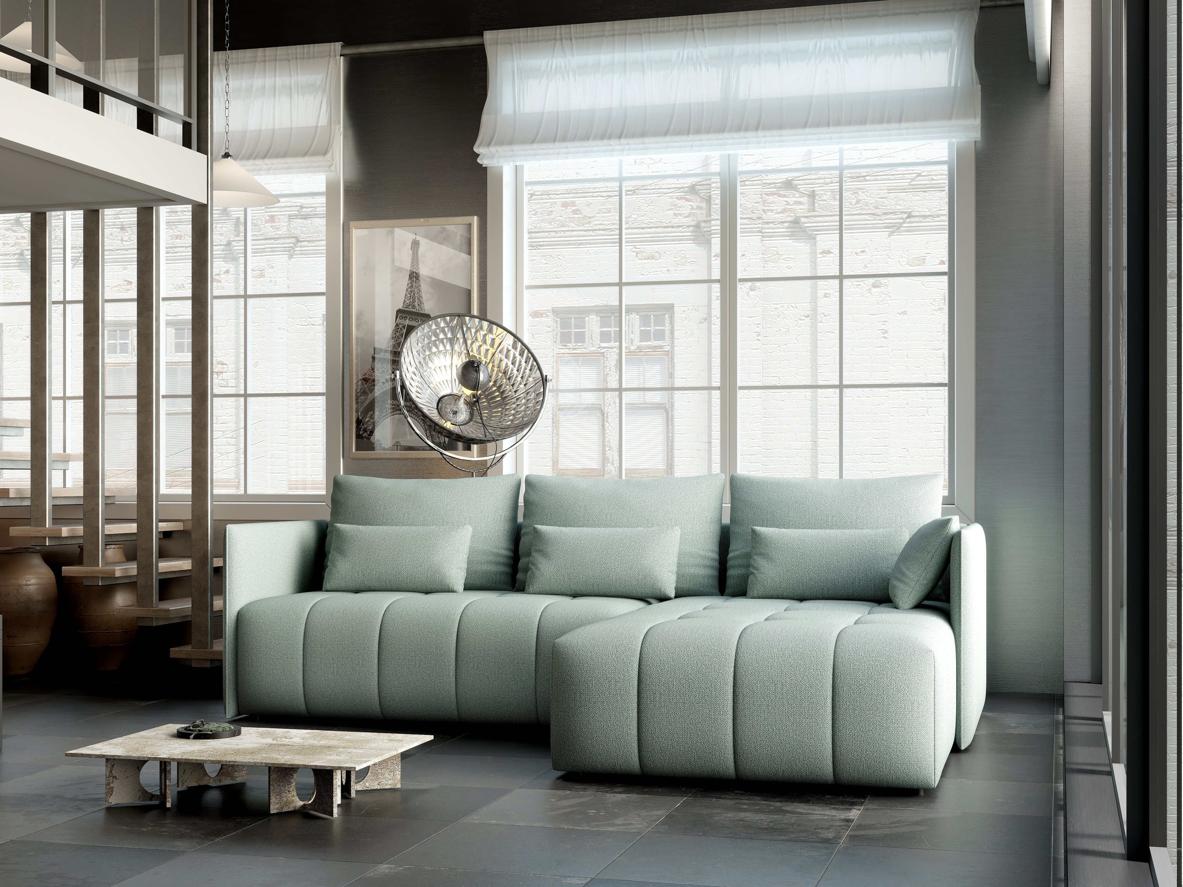 Colțar extensibil dumonde cu ladă de depozitare si sezut confortabil din spuma HR, Malta Mint II 235x185 cm Fabrica