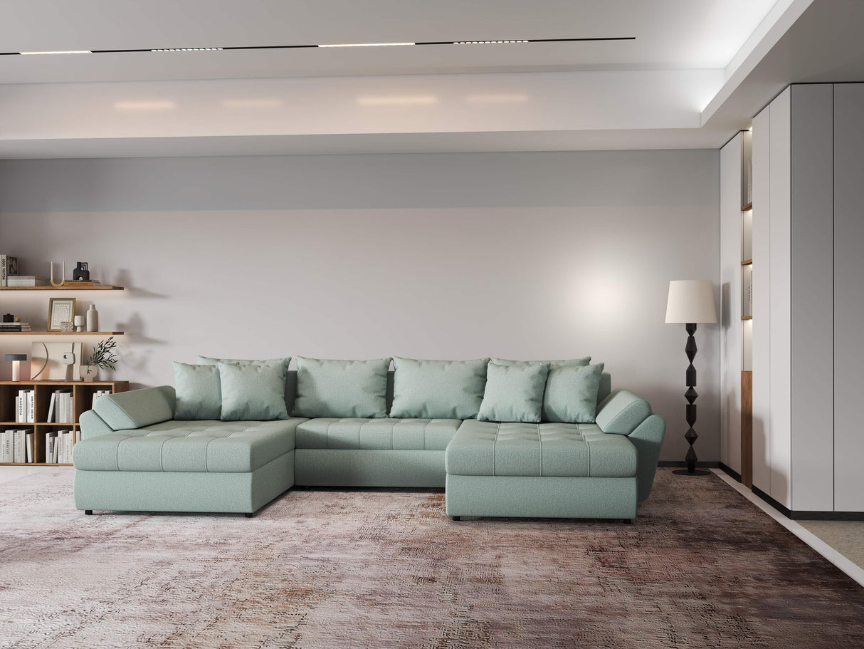 Colțar extensibil dumonde cu ladă de depozitare si sezut confortabil din spuma HR, Loana Enjoy Verde Mint U 355x185 cm Fabrica