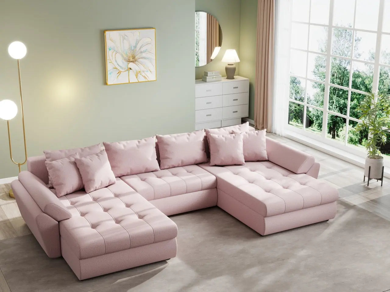 Colțar extensibil dumonde cu ladă de depozitare si sezut confortabil din spuma HR, Loana U Enjoy Flamingo 355x185 cm Fabrica