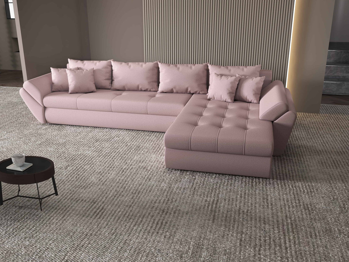 Colțar extensibil dumonde cu ladă de depozitare si sezut confortabil din spuma HR, Loana XL Enjoy Roz II 335x185 cm Fabrica