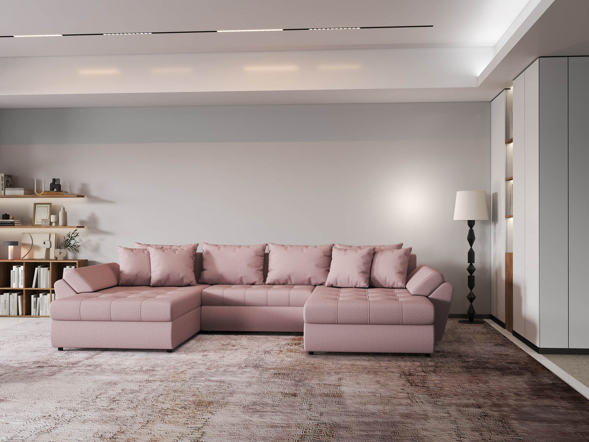 Colțar extensibil dumonde cu ladă de depozitare si sezut confortabil din spuma HR, Loana Enjoy Roz U 355x185 cm Fabrica