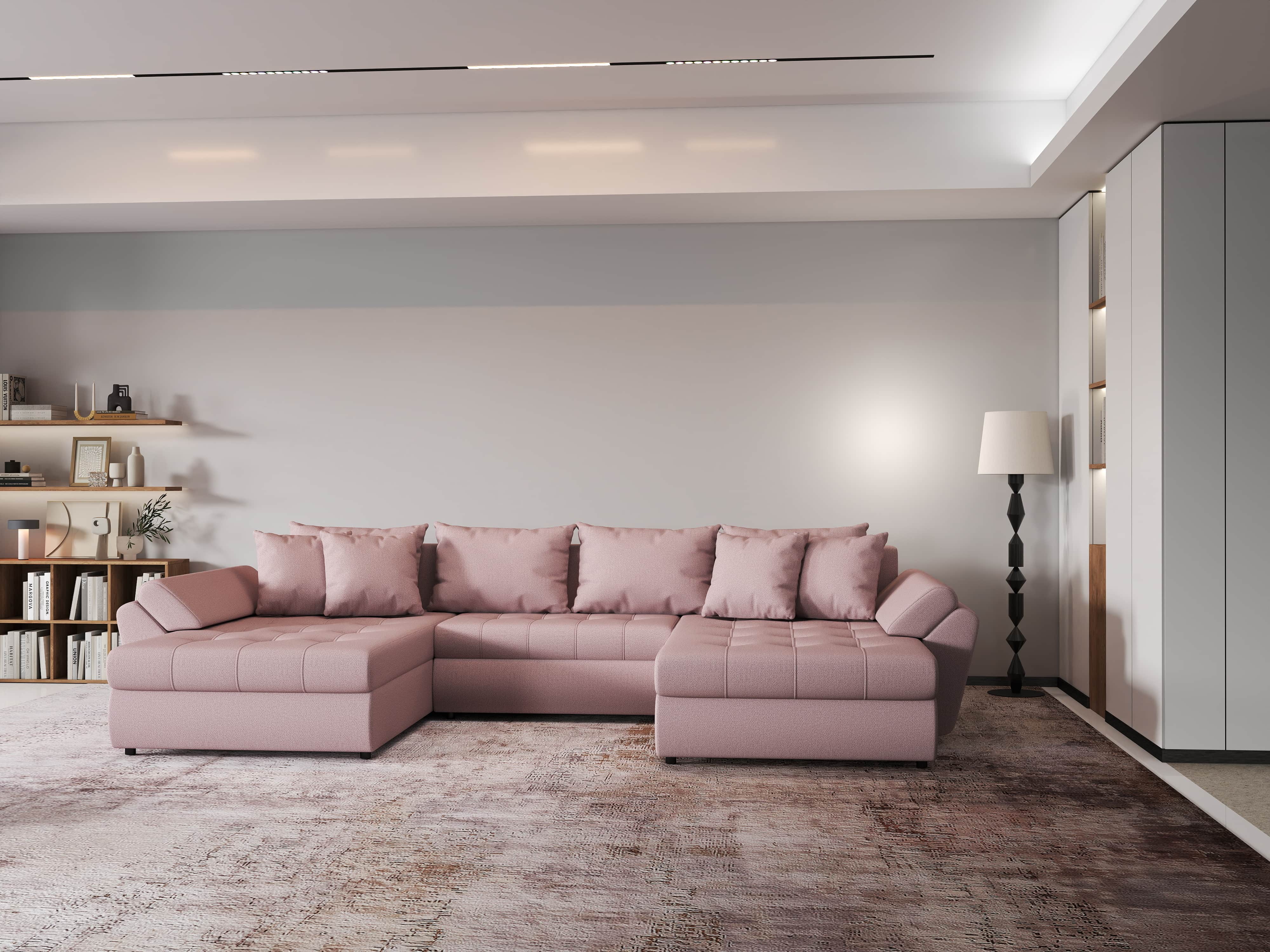 Colțar extensibil dumonde cu ladă de depozitare si sezut confortabil din spuma HR, Loana Enjoy Roz U 355x185 cm Fabrica