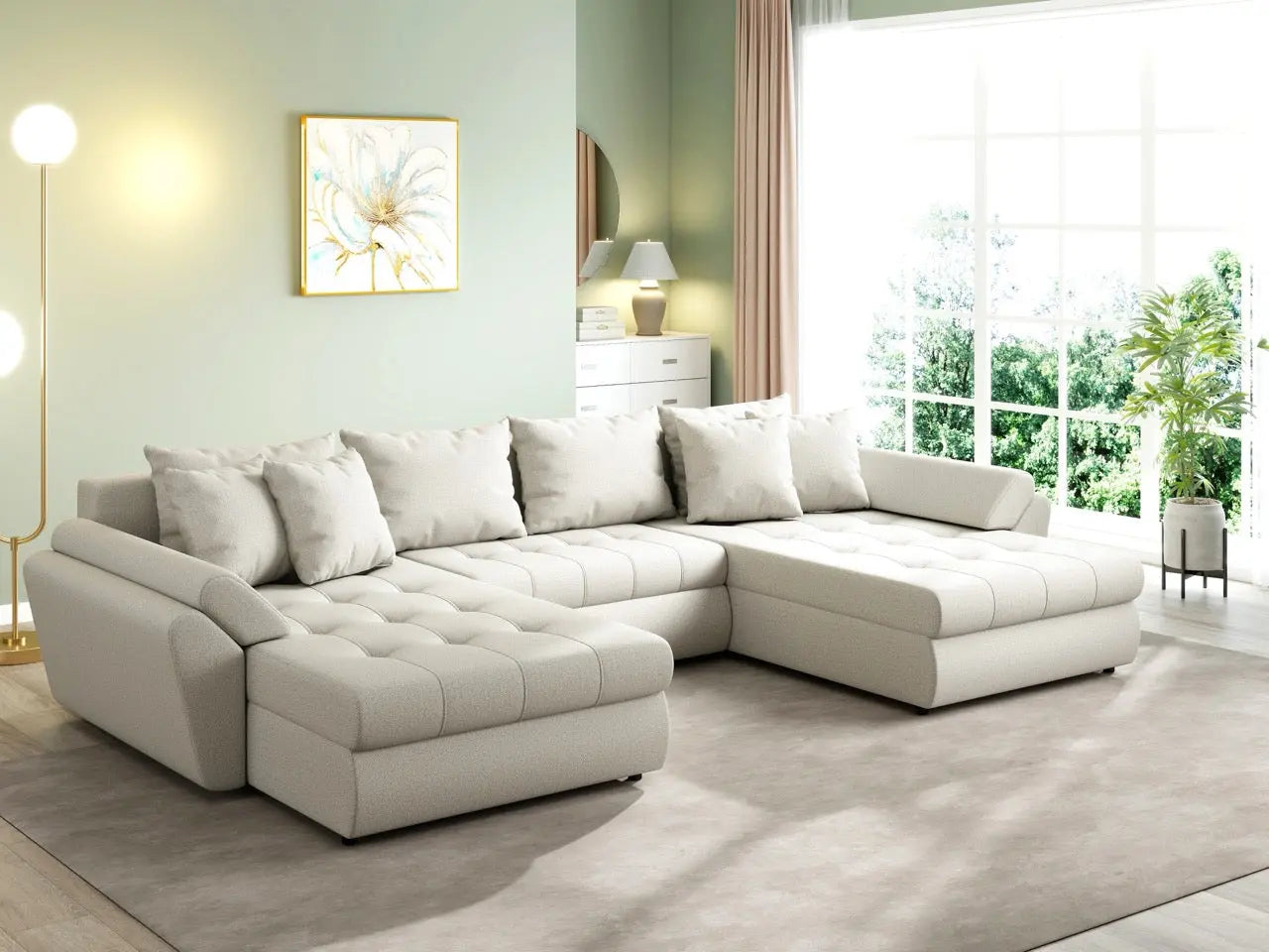 Colțar extensibil dumonde cu ladă de depozitare si sezut confortabil din spuma HR, Loana U Enjoy Bej 355x185 cm Fabrica