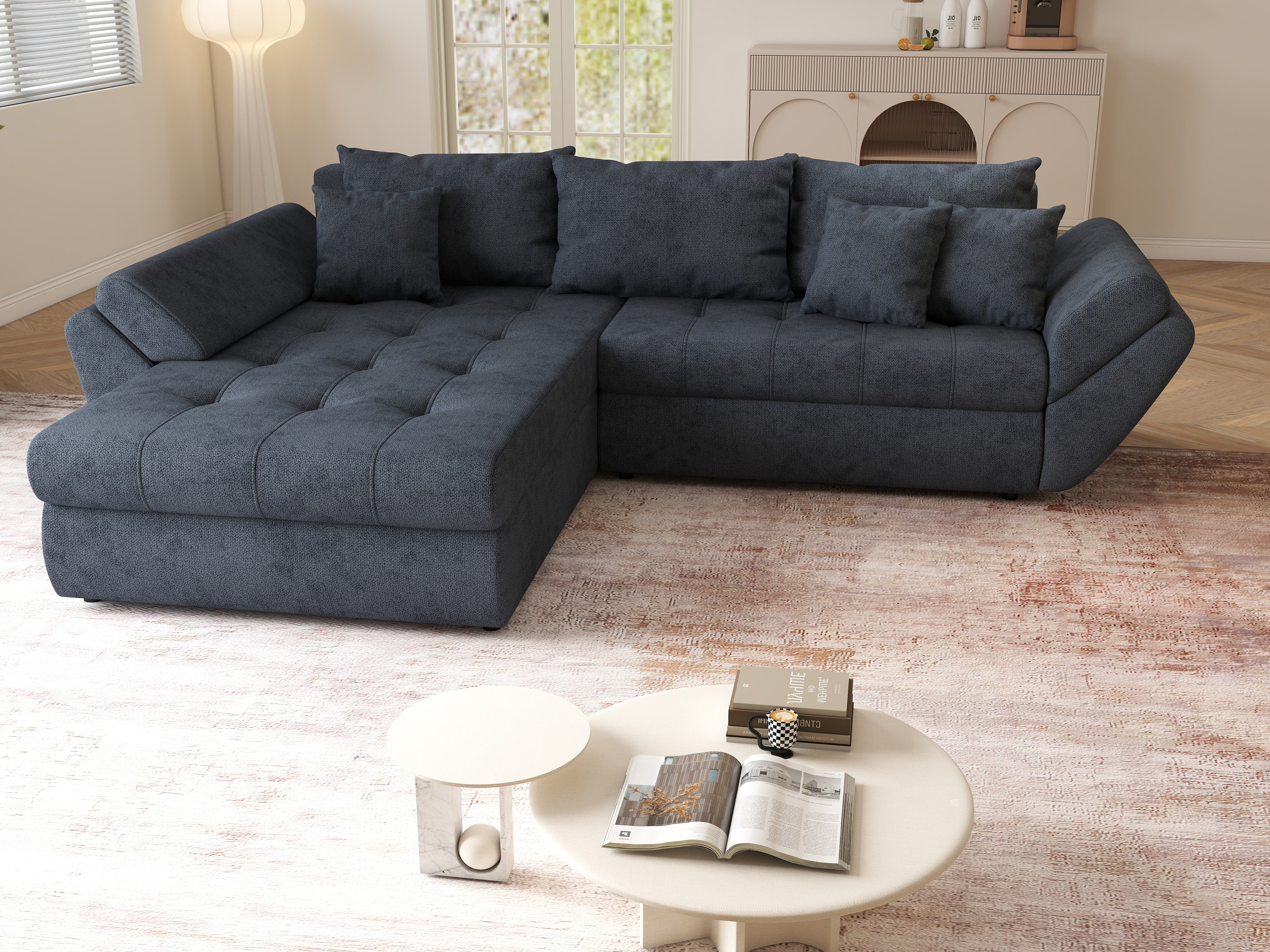 Colțar extensibil dumonde cu ladă de depozitare si sezut confortabil din spuma HR, Loana Antracit 270x185 cm Fabrica