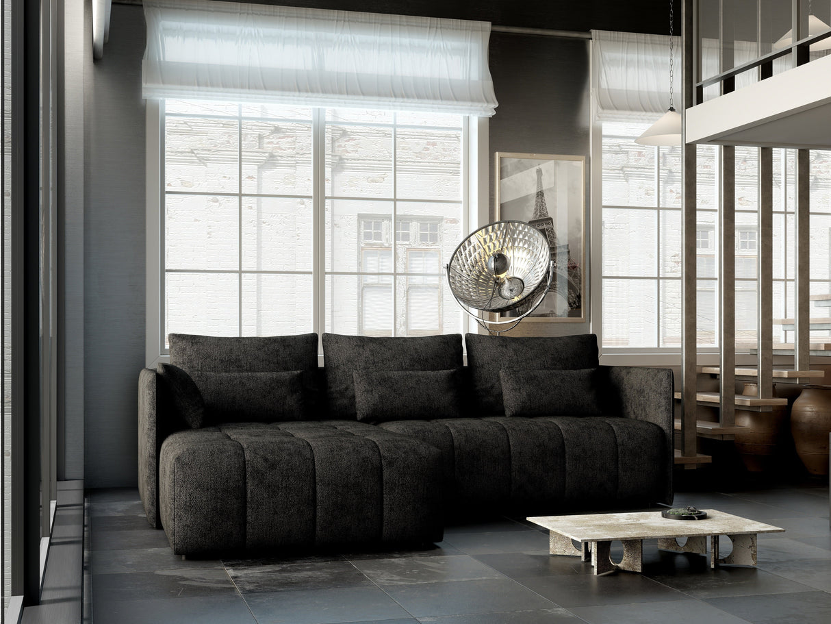 Colțar extensibil dumonde cu ladă de depozitare si sezut confortabil din spuma HR, Malta Black 235x185 cm