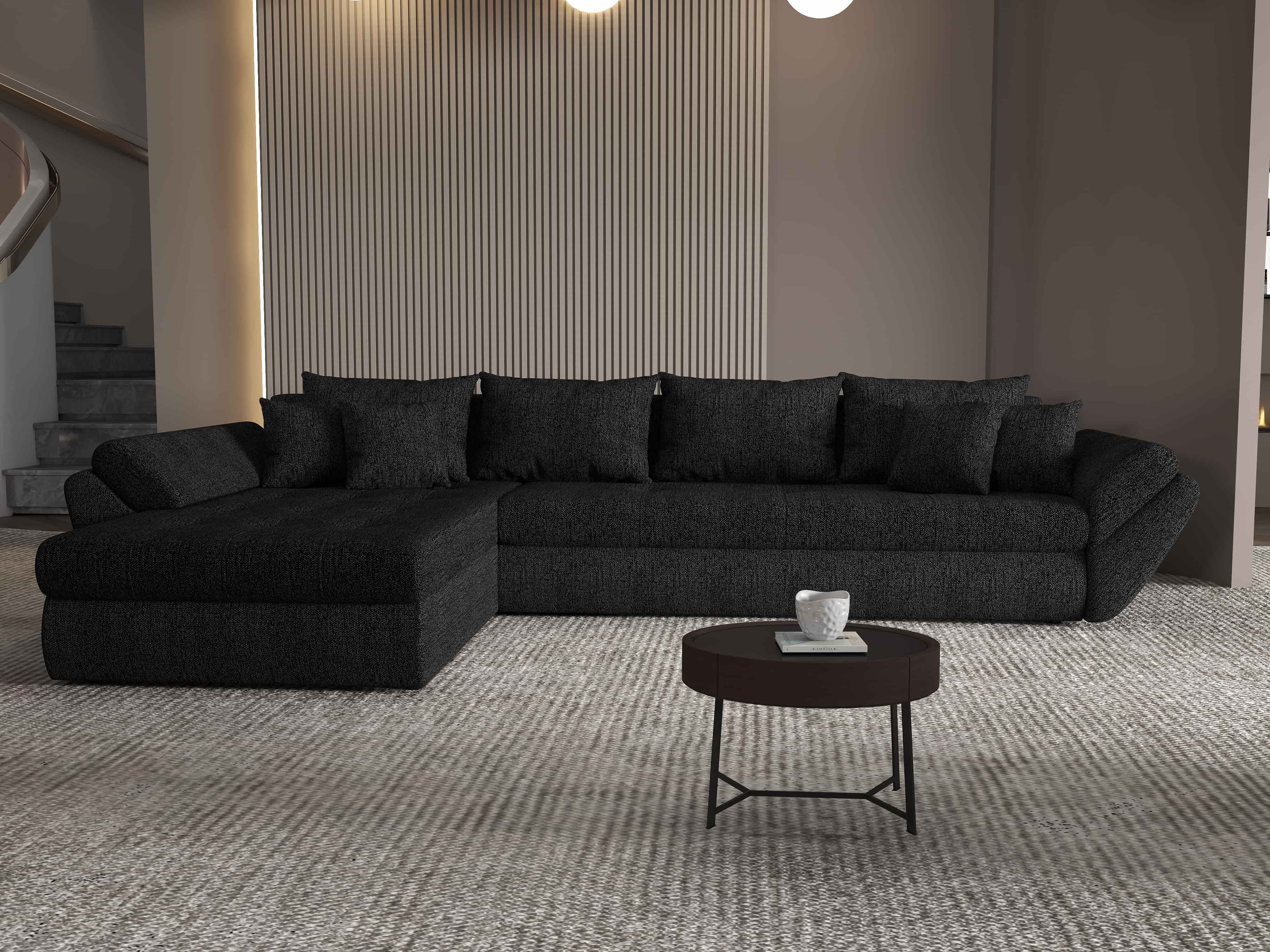 Colțar extensibil dumonde cu ladă de depozitare si sezut confortabil din spuma HR, Loana XL Enjoy Negru 335x185 cm Fabrica